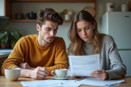 Jeunes adultes regardant des papiers de factures dans une cuisine