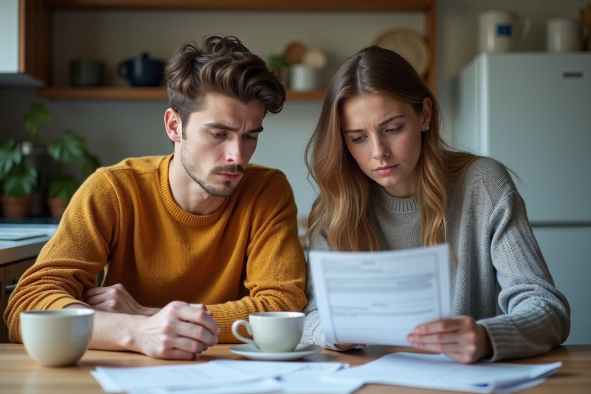 Jeunes adultes regardant des papiers de factures dans une cuisine