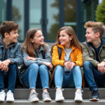 Groupe de jeunes discutant sur les marches d'une école moderne