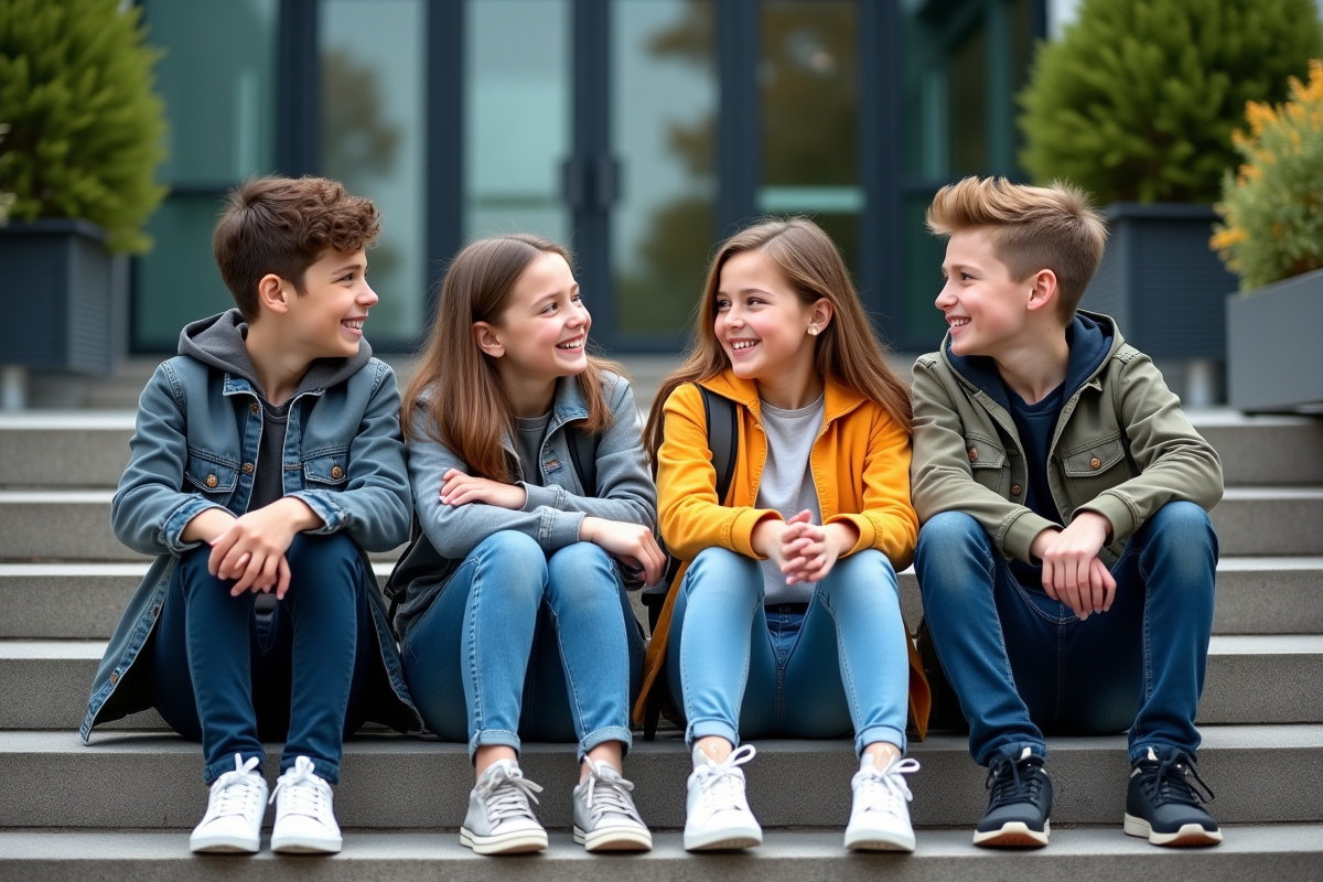 Groupe de jeunes discutant sur les marches d'une école moderne