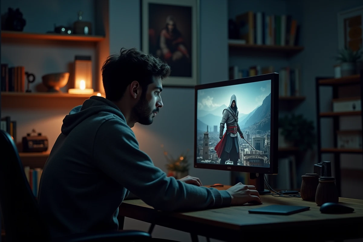 Joueur passionné découvrant Assassin's Creed II avec Ezio Auditore sur son écran dans une pièce de collection dédiée à la franchise