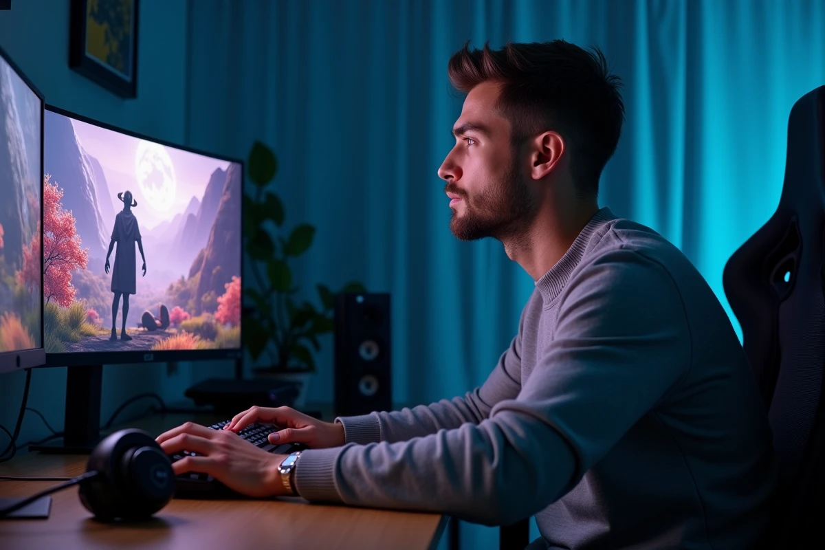 Joueur solo concentré devant un double écran de PC affichant un jeu coopératif, symbolisant la durée de la campagne principale de Split Fiction