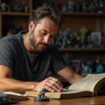 Joueur de Warhammer lisant attentivement son codex d'armée sur un bureau encombré de figurines peintes