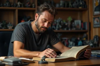 Joueur de Warhammer lisant attentivement son codex d'armée sur un bureau encombré de figurines peintes