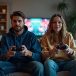 Deux joueurs en coopération locale sur canapé jouant à un jeu vidéo en écran partagé, illustrant le temps de jeu de Split Fiction