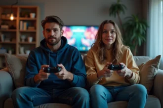 Deux joueurs en coopération locale sur canapé jouant à un jeu vidéo en écran partagé, illustrant le temps de jeu de Split Fiction