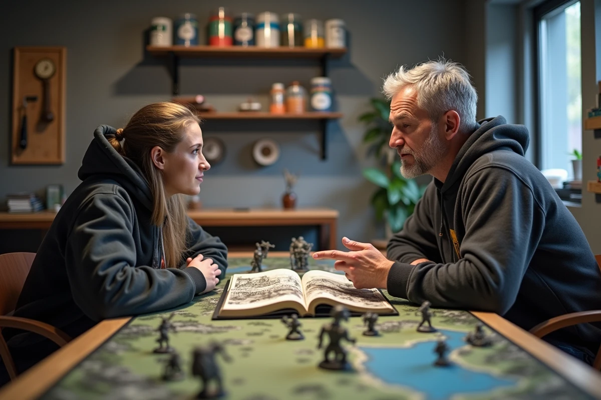 Deux joueurs de Warhammer consultant un livre d'armée ensemble autour d'une table de jeu avec des figurines déployées