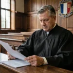 Juge en robe noire examinant des documents dans une salle d'audience française, illustrant une décision judiciaire sur le sursis pour vol