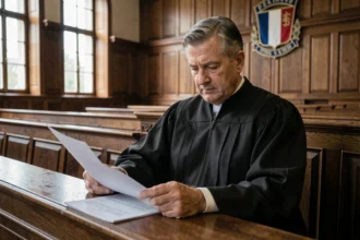 Juge en robe noire examinant des documents dans une salle d'audience française, illustrant une décision judiciaire sur le sursis pour vol