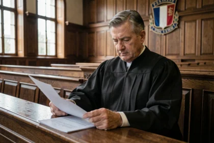Juge en robe noire examinant des documents dans une salle d'audience française, illustrant une décision judiciaire sur le sursis pour vol