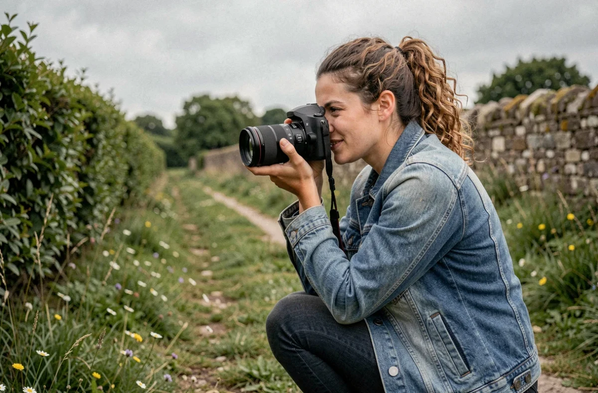 Julie L Photographe en pleine séance portrait en extérieur dans la campagne de Loire-Atlantique avec un appareil photo reflex