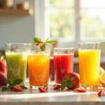Verres de jus de fruits et légumes frais sur un comptoir lumineux