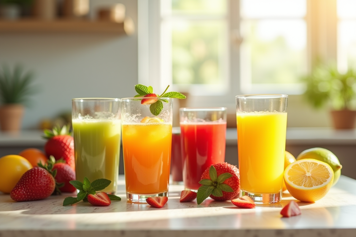 Verres de jus de fruits et légumes frais sur un comptoir lumineux