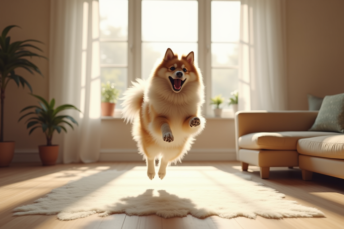 Keeshond joueur sautant dans un salon lumineux
