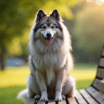 Keeshond assis sur un banc dans un parc en matinée
