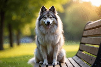 Keeshond assis sur un banc dans un parc en matinée
