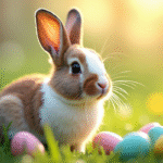 Lapin marron et blanc dans une prairie verte avec œufs de Pâques