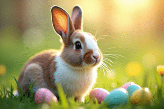 Lapin marron et blanc dans une prairie verte avec œufs de Pâques