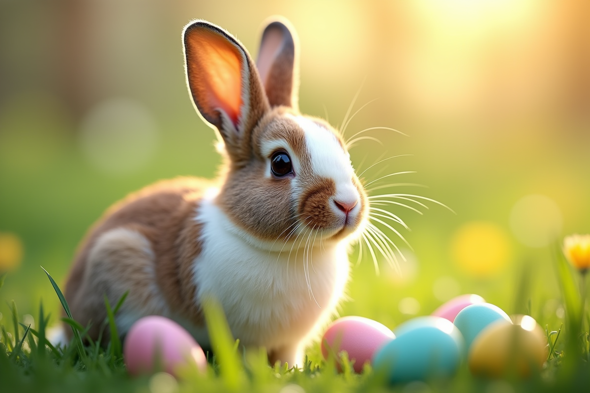 Lapin marron et blanc dans une prairie verte avec œufs de Pâques