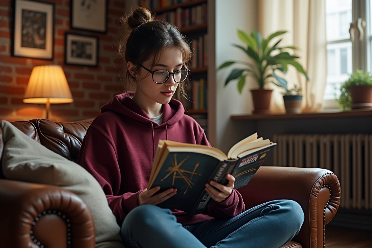 Jeune femme lisant une compilation de comics Marvel dédiée au personnage de Barton dans un appartement cosy
