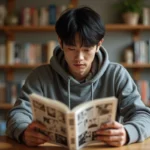 Jeune homme lisant un manga japonais en version papier assis à son bureau entouré de bibliothèques