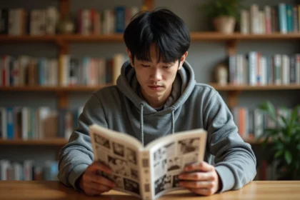 Jeune homme lisant un manga japonais en version papier assis à son bureau entouré de bibliothèques