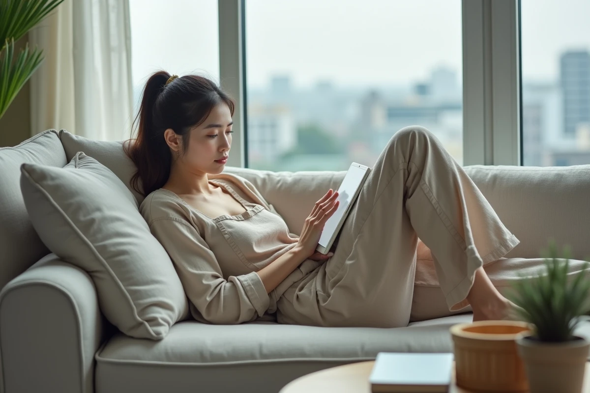 Femme lisant un manga numérique sur tablette confortablement installée dans un salon moderne