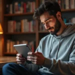 Jeune homme lisant un manwha en français sur une tablette dans un bureau cosy avec des étagères de mangas