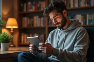 Jeune homme lisant un manwha en français sur une tablette dans un bureau cosy avec des étagères de mangas