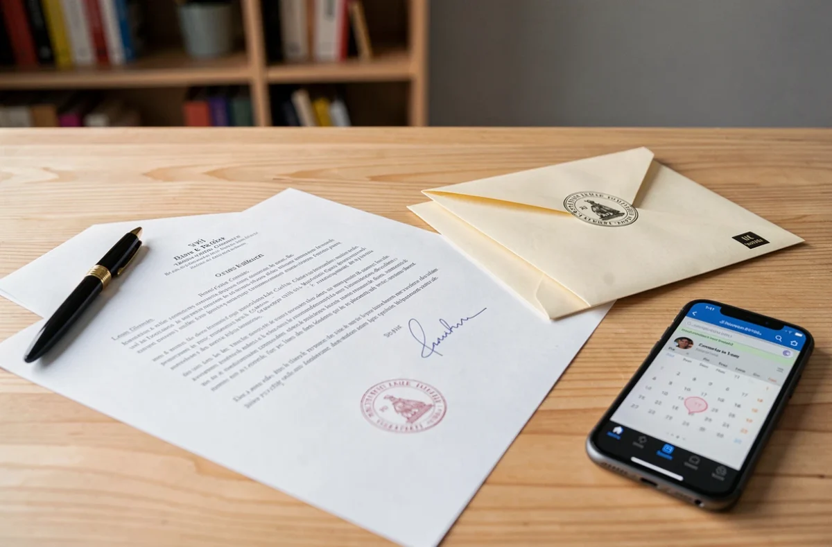 Lettre recommandée de relance pour paiement en retard posée sur un bureau avec enveloppe timbrée et stylo