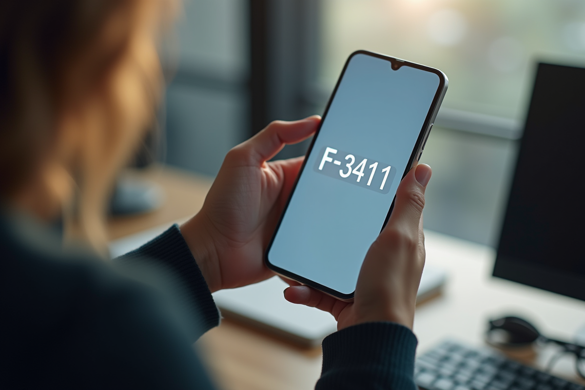 Main de femme tenant un smartphone affichant erreur F3411