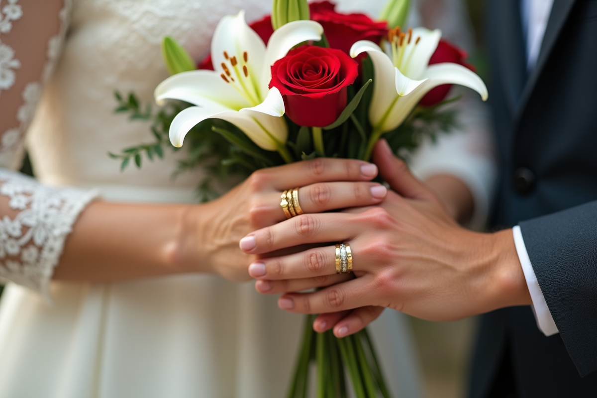 Mains entrelacees avec bagues et bouquet de lys blancs et roses rouges