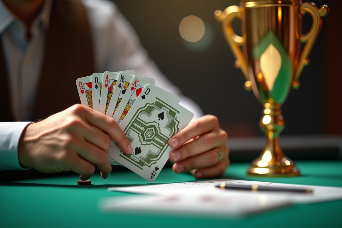 Mains tenant des cartes Kem avec un trophée sur la table