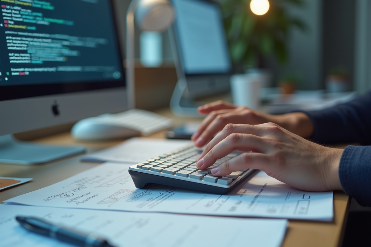 Mains tapant sur un clavier avec des notes et diagrammes autour
