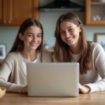 Mère et fille souriantes partageant un ordinateur dans la cuisine