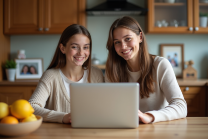 Mère et fille souriantes partageant un ordinateur dans la cuisine