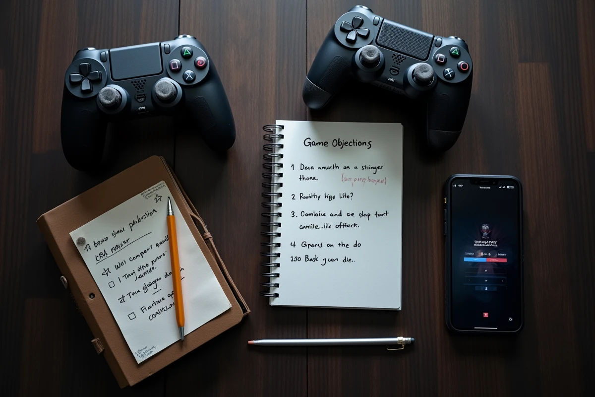 Vue aérienne d'une manette de jeu, d'un carnet de notes avec objectifs de complétion et d'un smartphone affichant la progression dans Split Fiction