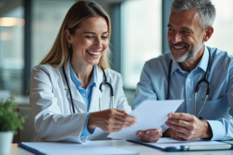 Medecin souriante remettant un certificat de maladie à un patient