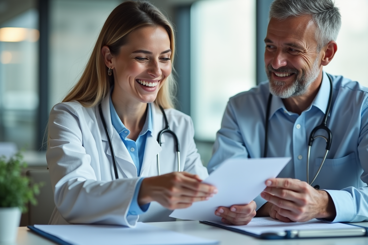 Medecin souriante remettant un certificat de maladie à un patient