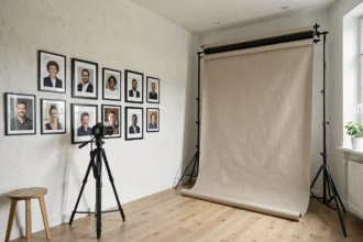 Studio de photographie portrait en Loire-Atlantique avec des tirages encadrés sur un mur blanc et un trépied professionnel