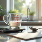Plan de comptoir de cuisine avec verre mesure 300ml et balance