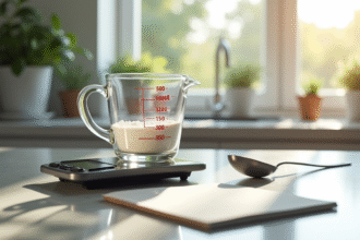 Plan de comptoir de cuisine avec verre mesure 300ml et balance