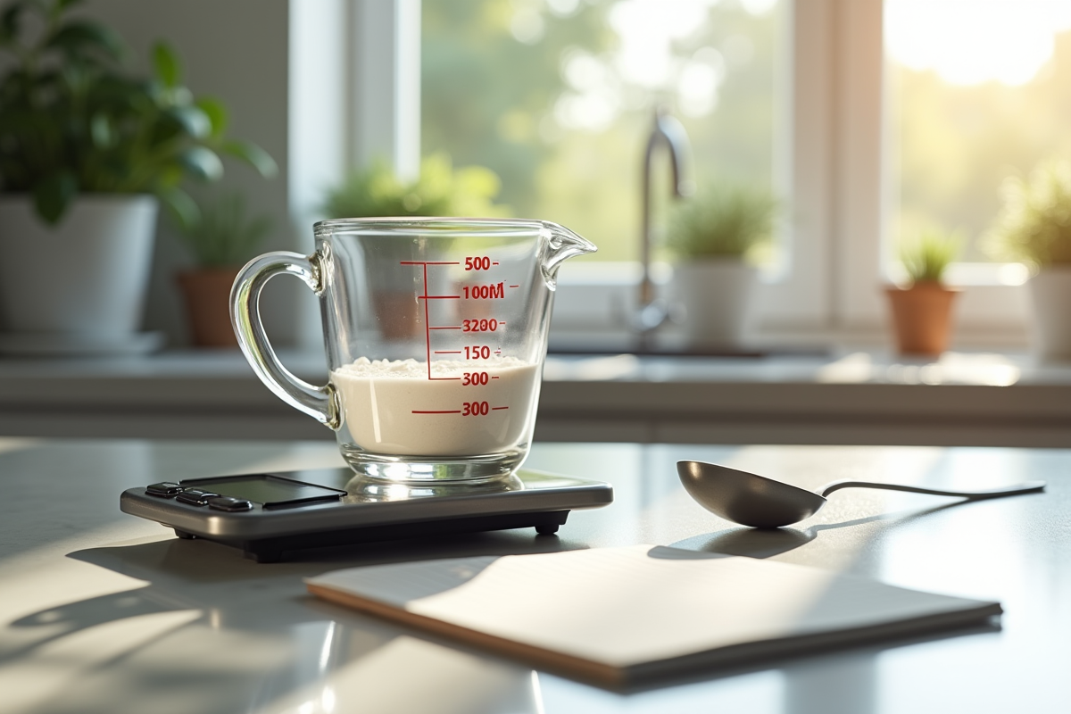Plan de comptoir de cuisine avec verre mesure 300ml et balance