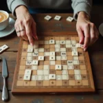 Femme jouant aux mots croisés dans un café belge avec grille en bois et lettres éparpillées