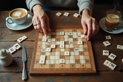 Femme jouant aux mots croisés dans un café belge avec grille en bois et lettres éparpillées