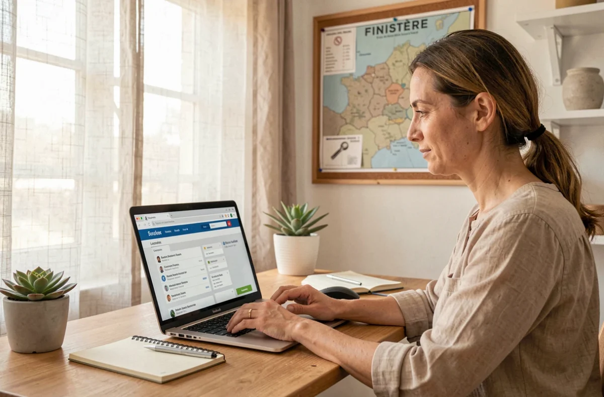 Femme consultant l'annuaire Obat pour trouver un serrurier dans le Finistère depuis son bureau à domicile
