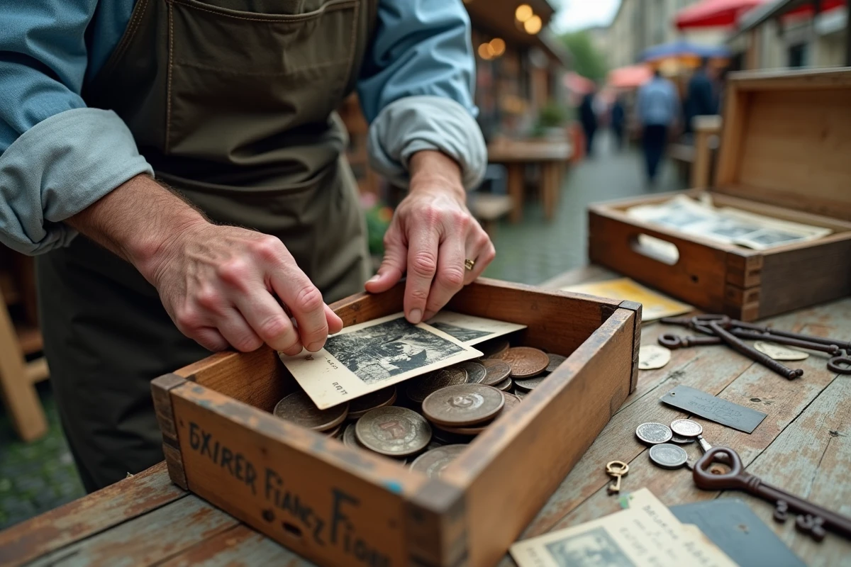 Gros plan sur des objets anciens et des mains de chineur dans un vide grenier de l'Ain