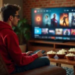 Jeune homme choisissant l'ordre de visionnage des films Spider-Man Tom Holland sur sa télévision dans un salon cosy