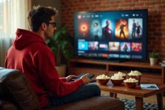 Jeune homme choisissant l'ordre de visionnage des films Spider-Man Tom Holland sur sa télévision dans un salon cosy