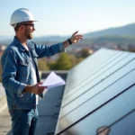 Homme avec plan et panneaux solaires sur toit d'école à Valence